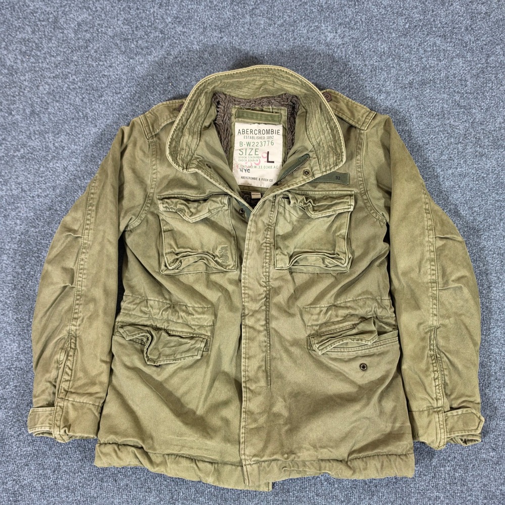 Y2K 2000s Abercrombie & Fitch Mens M-65 Field Jacket Olive Sherpa Lined Large